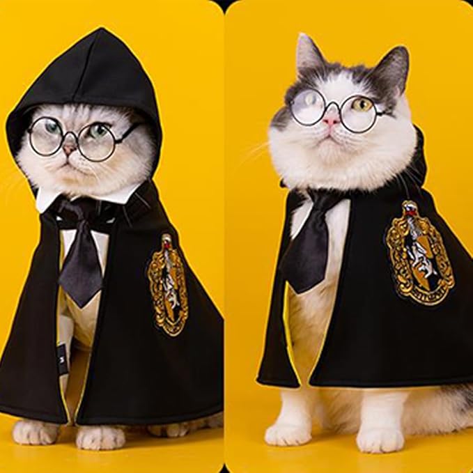 ANIAC 3PCS Halloween Dog Costume Cat Wizard Cape Glasses and Necktie Set Halloween Puppy Outfit Pet Academy Magician Cosplay Apparel for Kitten Cat Small Dogs (Black+Yellow, Small)
