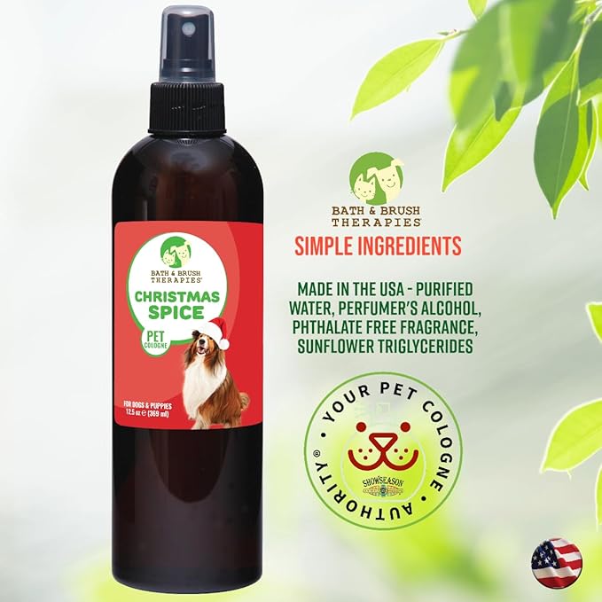 Showseason Animal Products Bath & Brush Therapies® Christmas Spice Pet Cologne 12.5 oz For Dogs | Long-Lasting Odor Eliminator | Paraben-Free | Biodegradable and Non-Toxic | Made in USA
