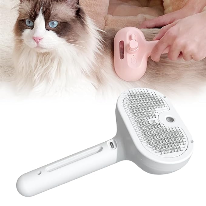 Pet Spray Hair Removal Comb, 2025 New Pet Steam Brush for Dog Cat, Steam Brush for Shedding Grooming, Water Steamy for Long Short Haired Pets, Portable Anti-Static Cat Steamy (White)