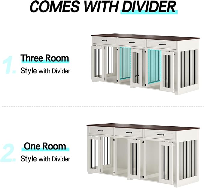 Dog Crate Furniture - Indoor Wooden Dog Kennel Furniture with 2 Dividers, 3 Drawers, and 3 Lockable Doors - 72"x23.6"x31.5"H, White