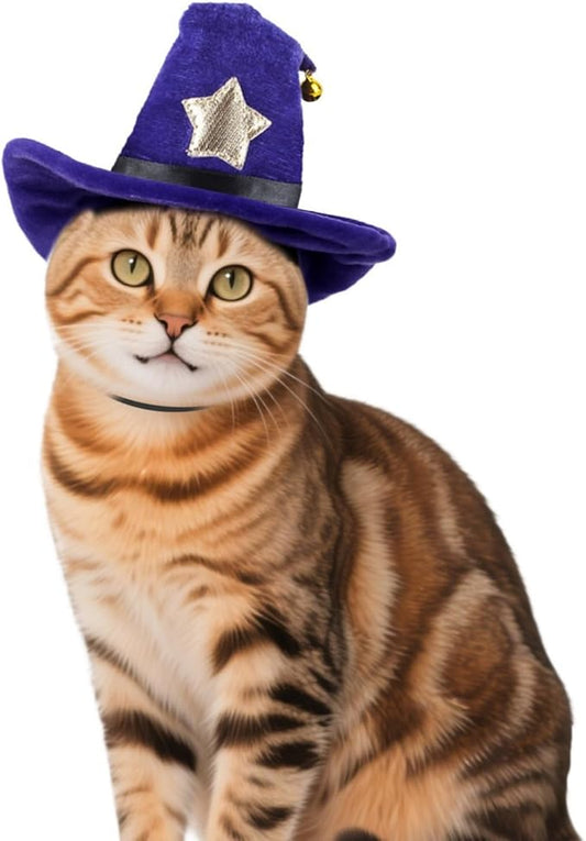 PETLESO Cat Wizard Hat Pet Halloween Costumes Witch Cosplay Outfit with Bell for Small Dogs, Cats & Rabbits, Adjustable, Purple