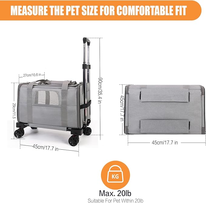 Pet Carrier with Wheels - Soft-side Wheeled Cat Carrier for Dogs with Telescopic Handle, Collapsible Rolling Pet Travel Bag Carrier for Large Cats Small Medium Dogs for Camping Vet Visiting Light Grey