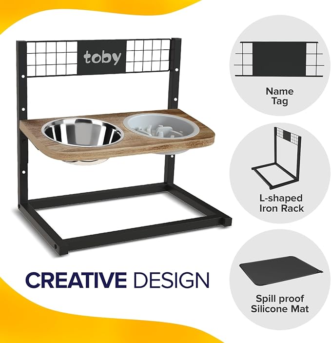 Ciconira Metal Elevated Dog Bowls with Slow Feeder & Spillproof Mat, 8°Tilted Raised Dog Bowl Stand with Two 1.3L Stainless Steel Food Water Bowls,4 Height Adjustable for Large Medium, Small Dogs