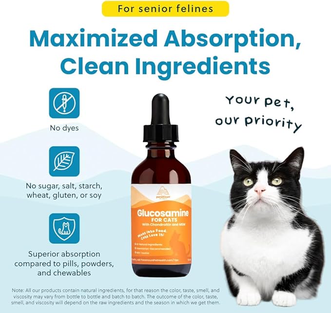 Liquid Glucosamine Chondroitin MSM for Cats, Hip & Joint Support Supplement, Helps Maintain Mobility and Flexibility, Senior Cat Glucosamine Drops for Daily Joint Care, 2oz