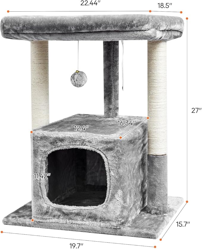 SYANDLVY Cat Tree for Indoor Cats Large Adult, Modern Activity Tower with Scratching Posts, Condo with Plush Perch, Climbing Stand with Spring Ball for Play, Grey