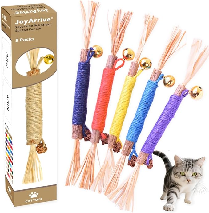 Natural Dried Matatabi Cat Chew Stick with Gall Fruit, Raffia Grass & Bell Cat Ball Toys, Handmade Silvervine Sticks Interactive Catnip Toys for Teething & Entertainment (Size M Color D)