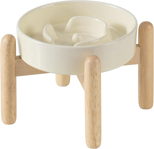 Ceramic 0.9 Cup Raised Dog Slow Feeder Set, Elevated Bowl with Wooden Stand for Small Dog and Cat, 6.1inch Puzzle Slow Dog Food Dish, Anti-Gulping(Beige, Single Bowl+ Stand)