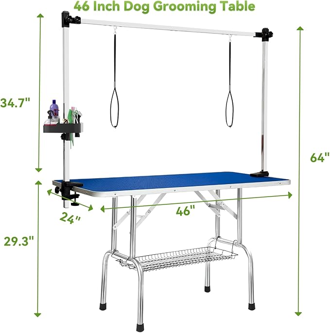 46" Large Dog Grooming Table, Non-Slip Tabletop with Adjustable Armrests, Lasso, Tool Organizer, Grid Tray, Foldable Home Pet Station, Maximum Weight Capacity 330 lbs,Blue