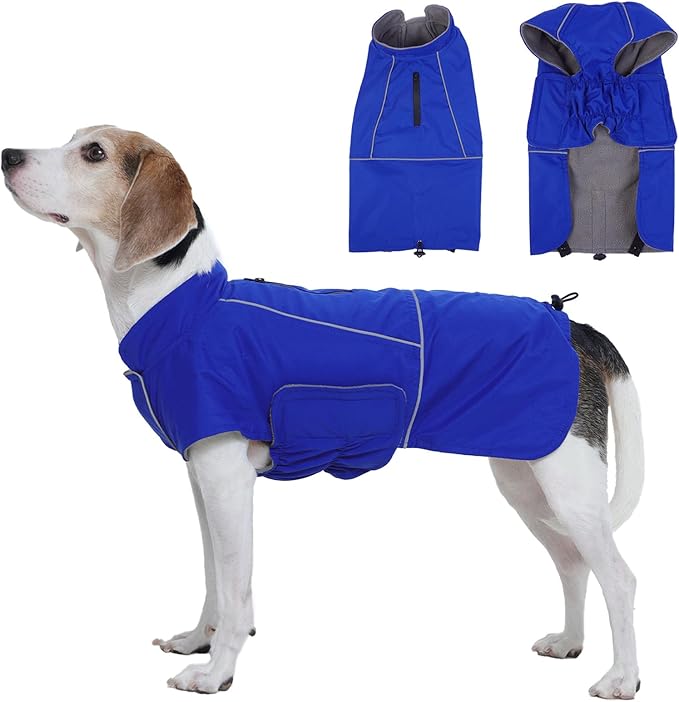 ROZKITCH Dog Snowsuit Raincoat Jacket, Waterproof Rain Jacket with Fleece Liner and Leash Hole Reflective Strip for Medium Large Dog, Adjustable Poncho Vest for Outdoor Hiking Travel Blue XL