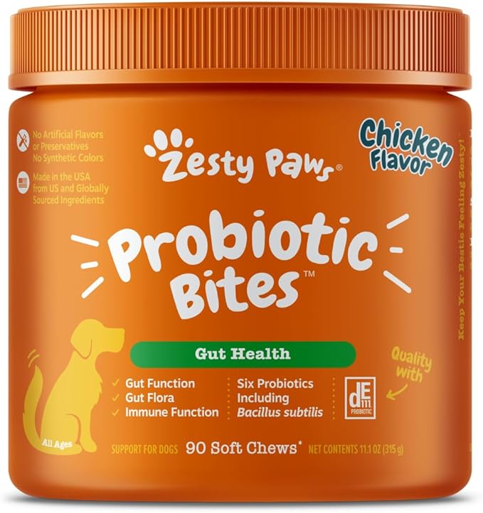 Zesty Paws Probiotics for Dogs, Digestive Enzymes Gut Flora, Digestive Health, Diarrhea & Bowel Support, DE111, Dog Probiotics Soft Chew for Pet Immune System, Chicken, 90 Ct