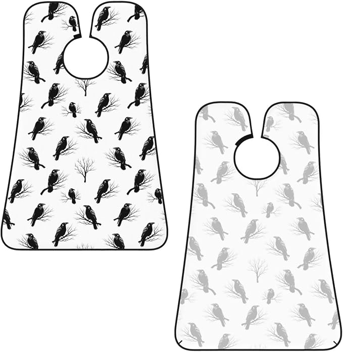 Adjustable Beard Bib, Non-Stick Hair Catcher Cape for Men's Shaving, Waterproof with 2 Suction Cups, Tree Branch Black Crow Raven Bird Shave Bib