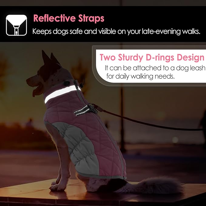 AOFITEE Dog Coat, Warm Dog Winter Coat, Reflective Cold Weather Dogs Puffer Jacket with Harness Built in, Waterproof Pet Fleece Vest Snowsuit for Small Medium Large Dogs, Pink L