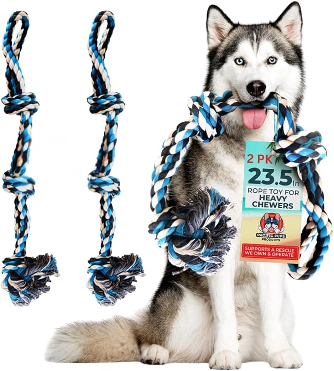 Pacific Pups Products 2 Pack Blue - XL Dog Rope Toy for Aggressive Chewers - Benefits Non-Profit Dog Rescue - Tug of War Dog Toy, Dog Toys for Large Dogs, Tough Dog Toys for Aggressive Chewers