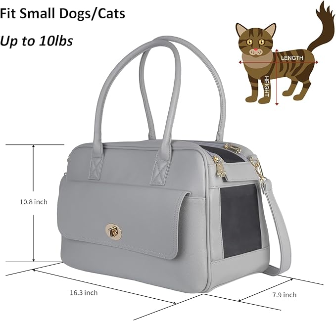 Fashion Pet Carrier Dog Purse Carrier Cat Soft-Sided Carriers for Puppy Kitten, Stylish Leather Handbag Tote Travel Pet Bag for Small Dogs Cats, TSA Airline Approved (Grey)