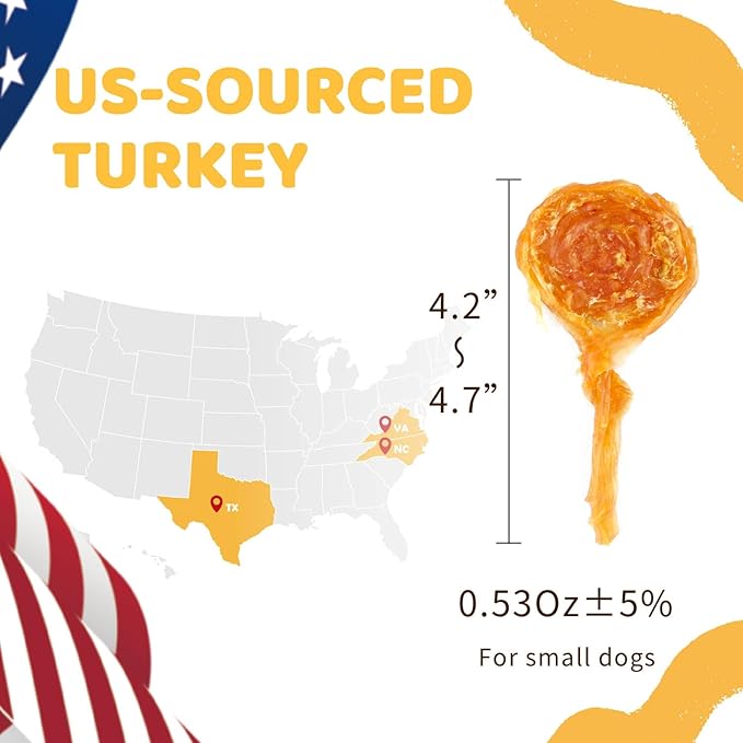 iPaw Turkey Tendons for Dogs 40 Pcs Bulk Pack, 100% Turkey and US Sourced Raw Material, Hypoallergenic, All Natural Human Grade Puppy Chew, Rawhide Alternative Dog Treats, Lollipop (Small)