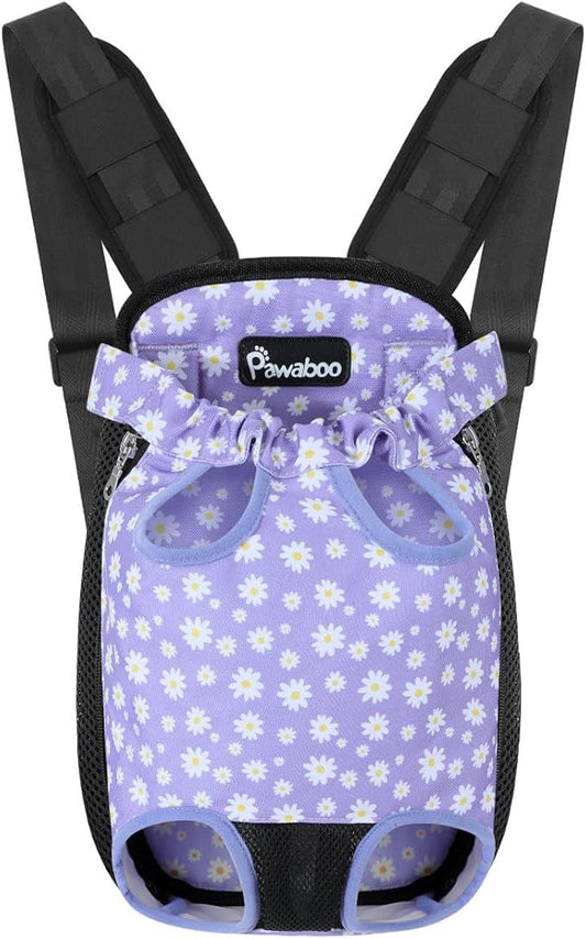 Pawaboo Pet Carrier Backpack, Adjustable Pet Front Cat Dog Carrier Backpack Travel Bag, Legs Out, Easy-Fit for Traveling Hiking Camping for Small Medium Dogs Cats Puppies, Small, Black & Purple Daisy