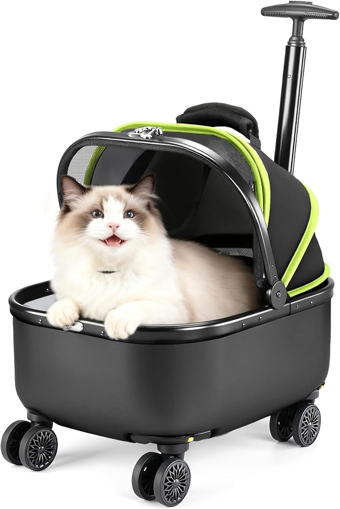 Lekereise Cat Carrier with Wheels (Black), 180° Wide Open Rolling Cat Carrier for Outdoor Adventures, Silent Wheels & Hard Bottom for Park/Camping, Portable Pet Travel Carrier for Cats Up to 15 lbs