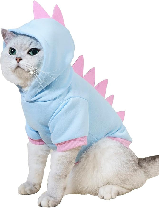 QWEEE Dinosaur Dog Hoodie - Warm Jacket for Puppy, Kitten, Small & Medium Dogs & Cats - Baby Blue, Small