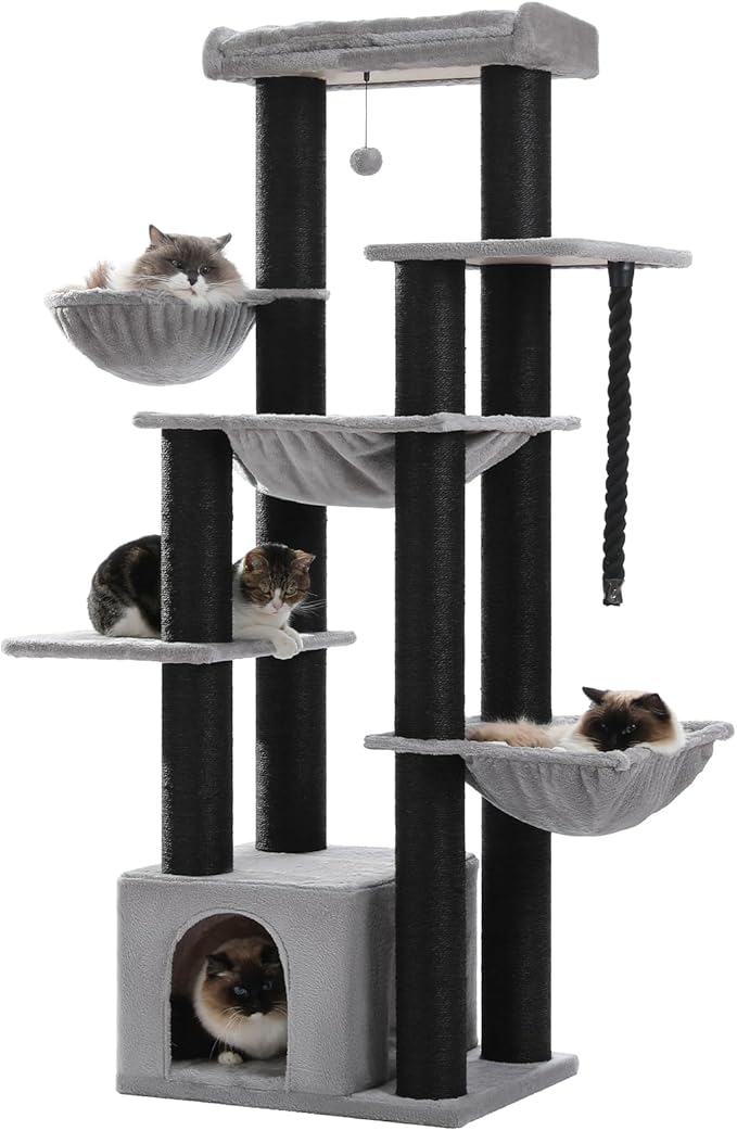 XXL Cat Tree, 67" Heavy Duty Cat Tower for Indoor Cats Large Adult with 13 Thick Scratching Posts (φ4.3), Large Perch, Spacious Condo, Hammock - for Maine Coon up to 20 lbs, Black
