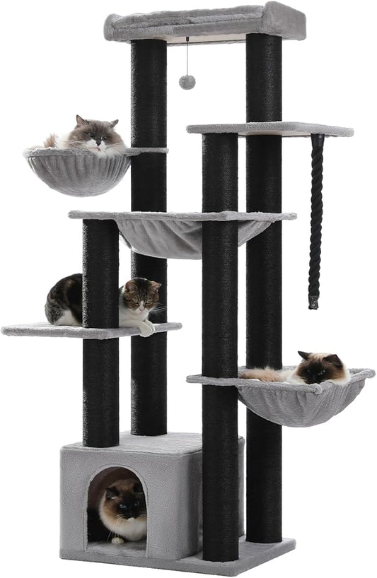 XXL Cat Tree, 67" Heavy Duty Cat Tower for Indoor Cats Large Adult with 13 Thick Scratching Posts (φ4.3), Large Perch, Spacious Condo, Hammock - for Maine Coon up to 20 lbs, Black