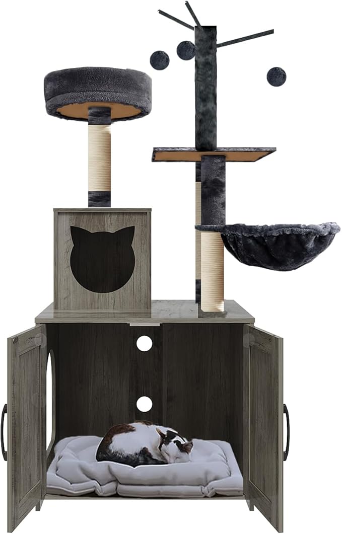 Cat Tree with Litter Box, Wood Litter Box Enclosure with Food Station, Modern Cat Tower for Indoor Large Cats with Large Platform,Cat Condo with Scratching Posts, Hammock, Caves, Basket,Grey