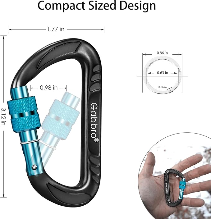 Gabbro Carabiner Clips Heavy Duty, | Wiregate Snap, Screw Locking, Aluminum, Lightweight Caribeener | for Hammock, Hiking, Camping, Water Bottle, Dog Leash Harness, Keychains