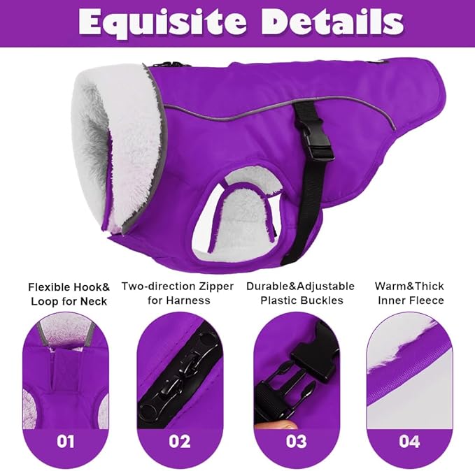 EMUST Winter Dog Jacket, Windproof Dog Apparel for Cold Weather, Reflective Coats for Dogs, Warm Puppy Jacket for Cold Winter, Purple, S