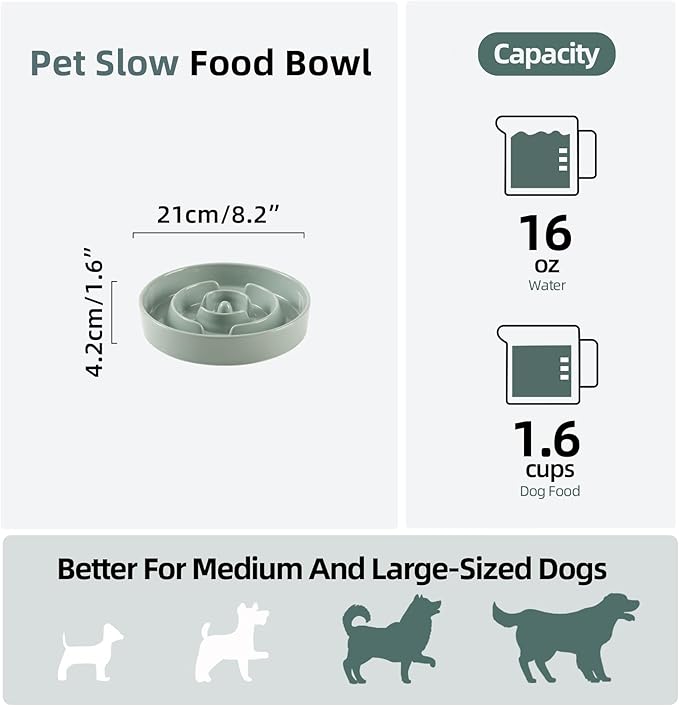 Ceramic 1.6 Cup Slow Feeder Dog Bowl for Medium and Large Breed, 8.2inch Puzzle Dog Food Dish, Anti-Gulping, Stop Bloat, Preventing Choking (Single Bowl-Light Green)
