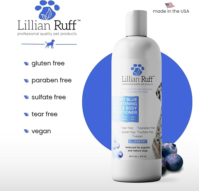 Lillian Ruff PRO Formula Berry Blue Brightening Dog Conditioner - Professional Whitening Conditioner Hydrate Dry Skin, Soften, Detangle, Restore Shine - Provitamin B5, USA Made 16oz