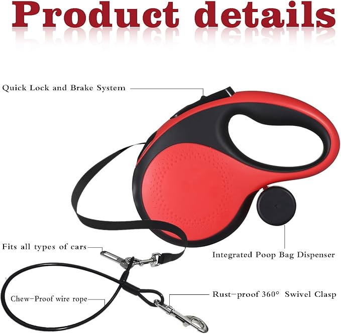 Retractable Dog Leash with Chew Proof Cable, 26ft Heavy Duty Retractable Dog Leash for Medium Large Dogs up to 110lbs，360° No Tangle, one-Hand Brake， Strong Nylon Strap That Won't Tangle,(Red)