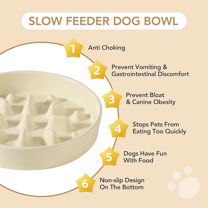 Ceramic 1.6 Cup Dog Raised Slow Feeder Set, Elevated Bowl with Wooden Stand for Medium and Large Dog, 8.2inch Slow Feeder Dish for Fast Easters, Anti-Gulping(Beige, Single Bowl+ Stand)