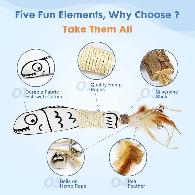 Snowlove 3-Pack Cute Catnip Feather Toys with Silvervine Rope & Bells