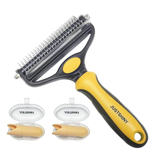Pet Grooming Set – 1 Brush + 2 Toothbrushes (Soft & Finger) for Dogs & Cats(Yellow Handle)