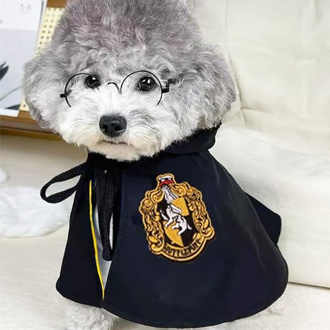ANIAC 3PCS Halloween Dog Costume Cat Wizard Cape Glasses and Necktie Set Halloween Puppy Outfit Pet Academy Magician Cosplay Apparel for Kitten Cat Small Dogs (Black+Yellow, Small)