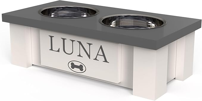 GrooveThis Woodshop - Personalized Elevated Dog Bowl Stand for Large, Medium, Small, X-Small Dogs - Stainless Steel Food and Water Bowls - Raised Dog Dish with Internal Storage (X-Small, Grey)