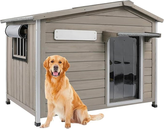 PetsCosset 40.2" L Large Dog House Outdoor & Indoor,Fir Wood Dog Kennel with Weatherproof Openable Asphalt Roof,Spacious Doghouse with Anti-Chewing Metal Edges for Small & Medium & Large Dogs,Grey