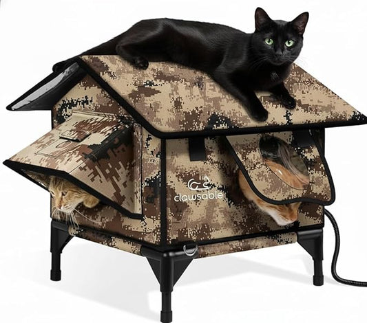 Indestructible Gable Roof Heated Cat House for Outside Winter, 100% Waterproof, Safe Escape Door, Insulated Outdoor Cat Shelter with Heater for Feral Barn Cat Kitty (Desert Camouflage, 15"x15"x19")