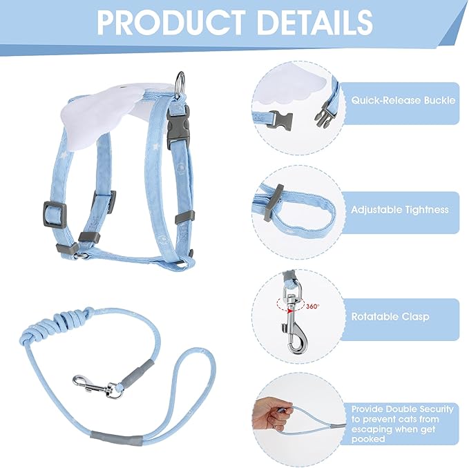 TIESOME Cat Harness and Leash Set, Adjustable Gradient Kitten Harness Escape Proof Harness with Leash for Kitty Outdoor Walking (Sky Blue)