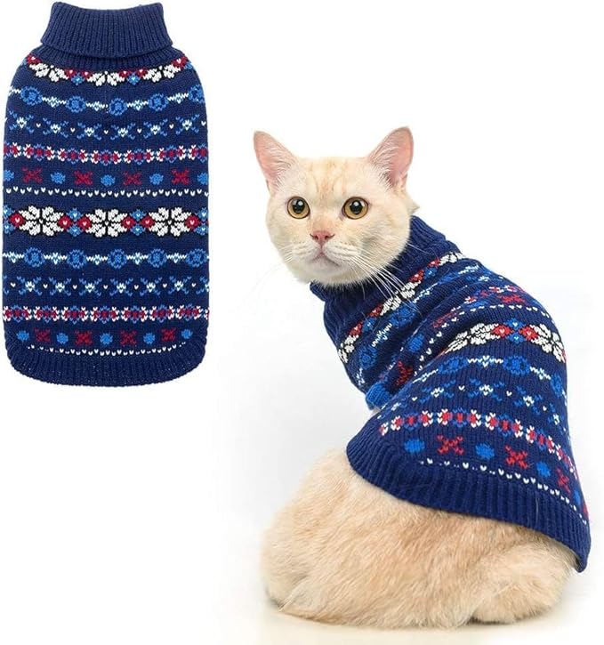 BINGPET Cat Sweater,Cat Outfit Sleeveless Winter Sweater with Snowflake Pattern,Soft Turtleneck Knitted Kitten Puppy Apparel,Cute Winter Pet Clothes for Cold Weather
