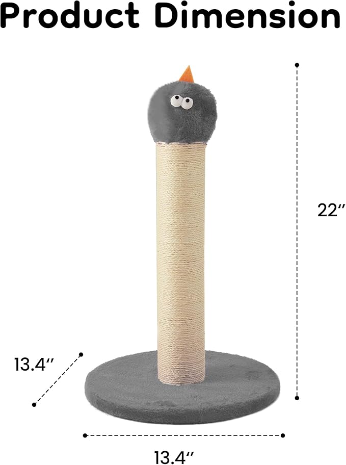22" Cat Scratching Post, Sisal Cat Scratcher with Interactive Hanging Toy, Monster Scratch Pole for Indoor Cats, Cute Cat Scratch Post for Kittens & Large Cats, Grey