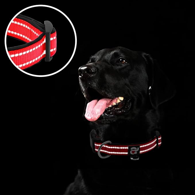 azuza Reflective Dog Collar, Soft Neoprene Padded Pet Collar with ID Tag Ring, Adjustable for Large Dogs,Red,L
