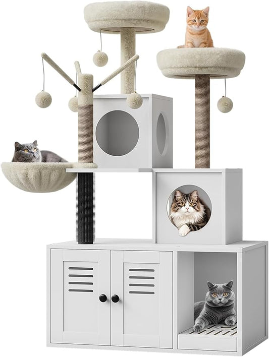 Litter Box Enclosure with Tree Tower, Condo, Cat Brush Post, and Passage, Hidden Washroom Furniture with Sisal Scratching Post & Soft Plush Perch, Wooden Multi-Platform Cat Furniture, White