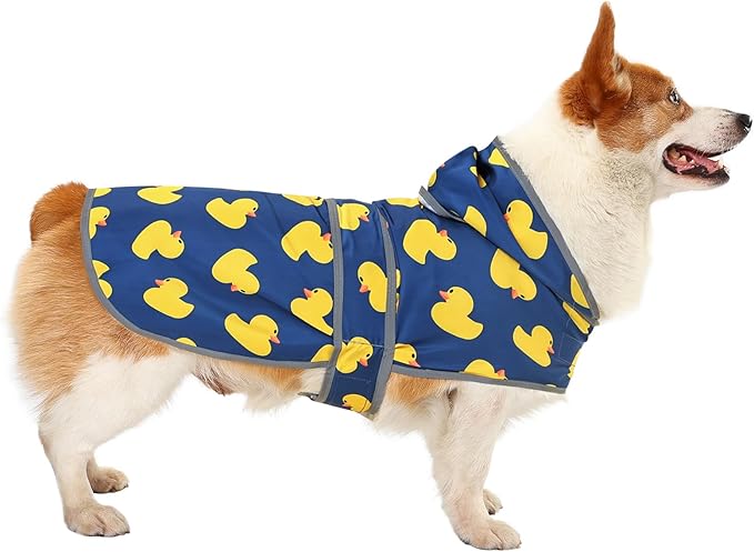 Dog Raincoat for Medium Dogs Waterproof Hooded Rain Jacket with Reflective Strips Leash Hole & Poncho Adjustable Fit (Duck,L)