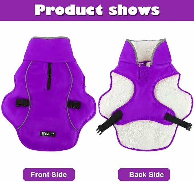 EMUST Winter Dog Jacket, Windproof Dog Apparel for Cold Weather, Reflective Coats for Dogs, Warm Puppy Jacket for Cold Winter, Purple, S