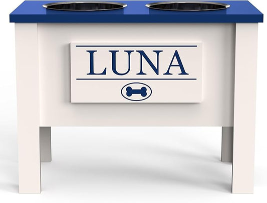 GrooveThis Woodshop - Personalized Elevated Dog Bowl Stand for Large, Medium, Small, X-Small Dogs - Stainless Steel Food and Water Bowls - Raised Dog Dish (X-Large, Blue)