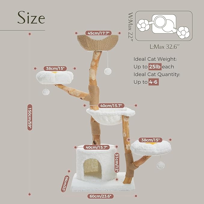 PAWZ Road Cat Tree for Indoor Cats Large Adults, 59 Inches Modern Cat Tower with Large Basket and Hammock, Natural Solid Wood, Luxury Condo & Dual Perches, Modern Cat Furniture for Big Cats, White