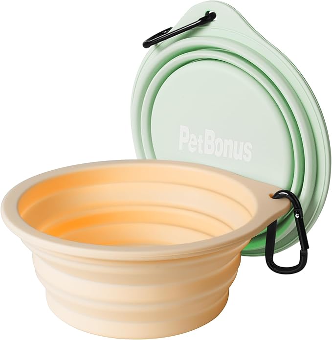 PetBonus 2-Pack Large Silicone Collapsible Dog Bowls, 34oz/1000ml BPA Free Portable Foldable Travel Bowl for Pet Cat, Food Water Feeding Dish for Camping with 2 Carabiners (Light Mint, Beige Cream)