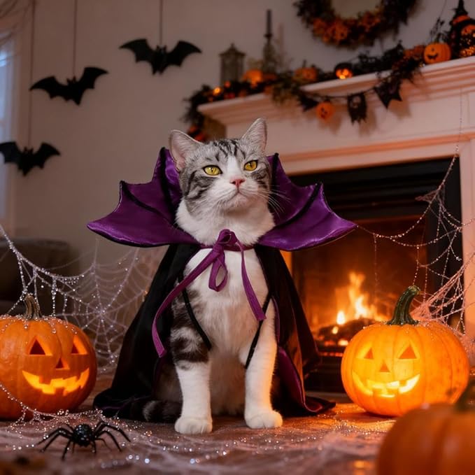 Halloween Pet Costume Premium Cape for Cats and Small Dogs - Adjustable Vampire Cloak, Wizard & Witch Cosplay Outfit with Secure Tie-good cat halloween costumes Closure for Halloween,Christmas（purple）