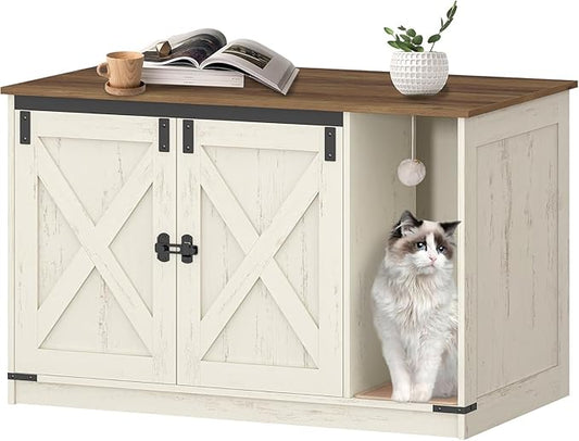 Cat Litter Box Enclosure, Hidden Litter Box Cabinet Furniture with Bell, Indoor Cats House, Farmhouse Style, 39.4 x 21.7X 24.8 Inches for Hallway, Bedroom, Rustic Brown and White CB85214X