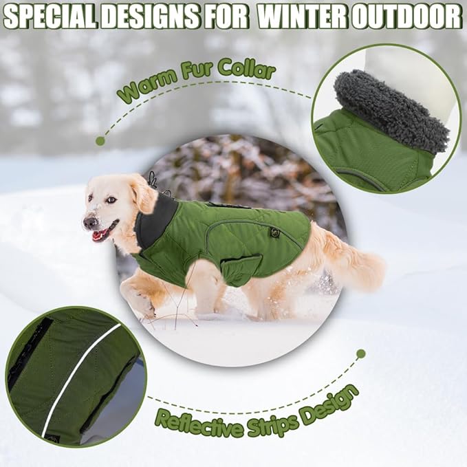 EMUST Winter Dog Coat for Medium Boys - Thick Clothes with Harness Hole for Cold Weather, Green, M